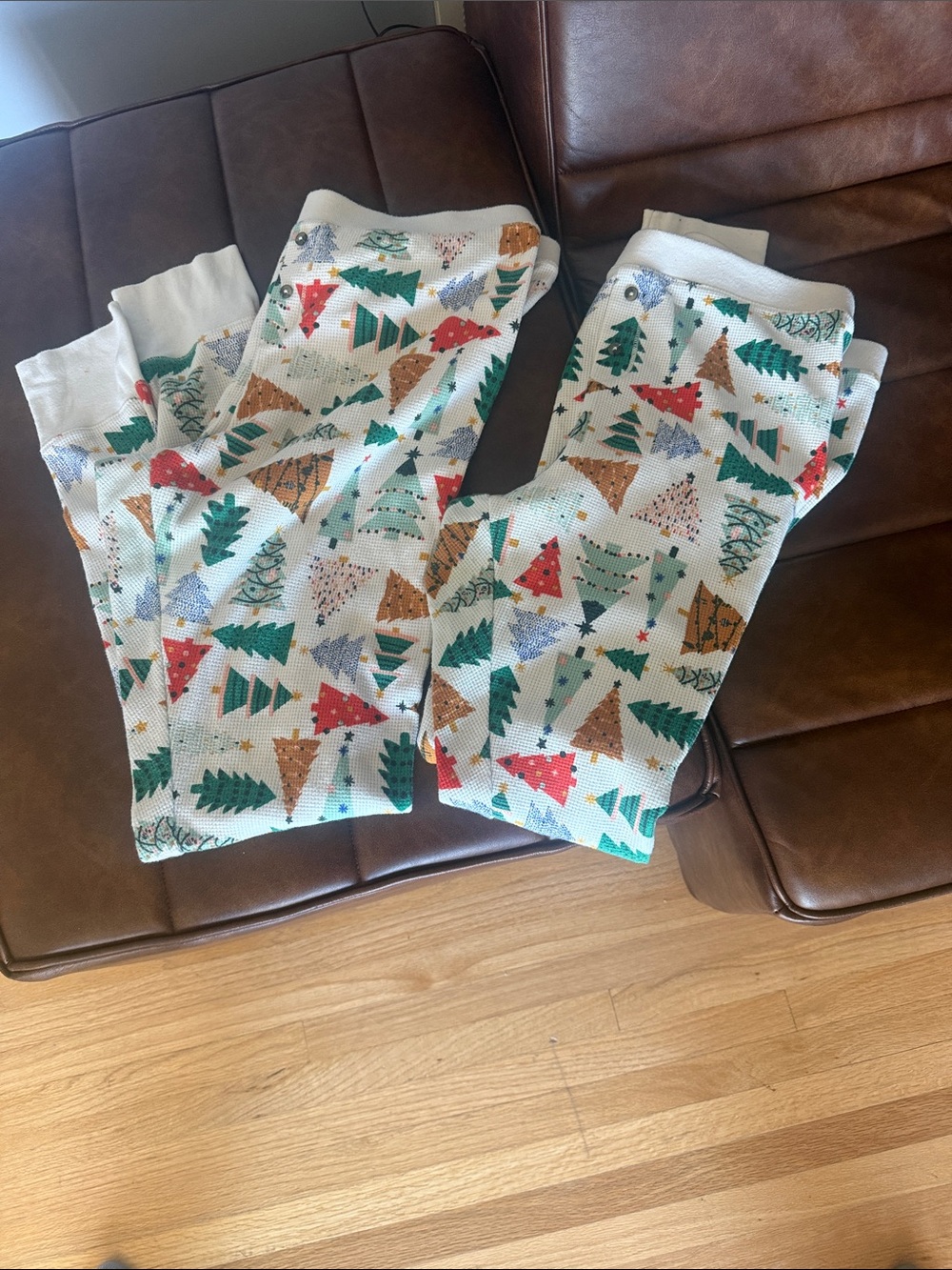 2 pairs Old Navy Cream Holiday Tree Pajama Pants with Red, Green & Gold Trees